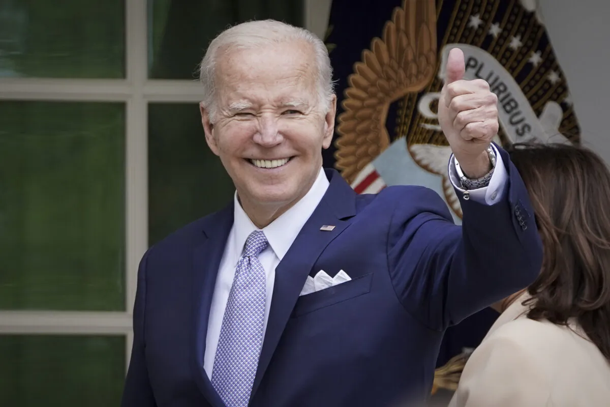 President Joe Biden speaks about "building on the small business boom" during National Small Business Week in the Rose Garden at the White House in Washington on May 1, 2023. (Madalina Vasiliu/The Epoch Times)