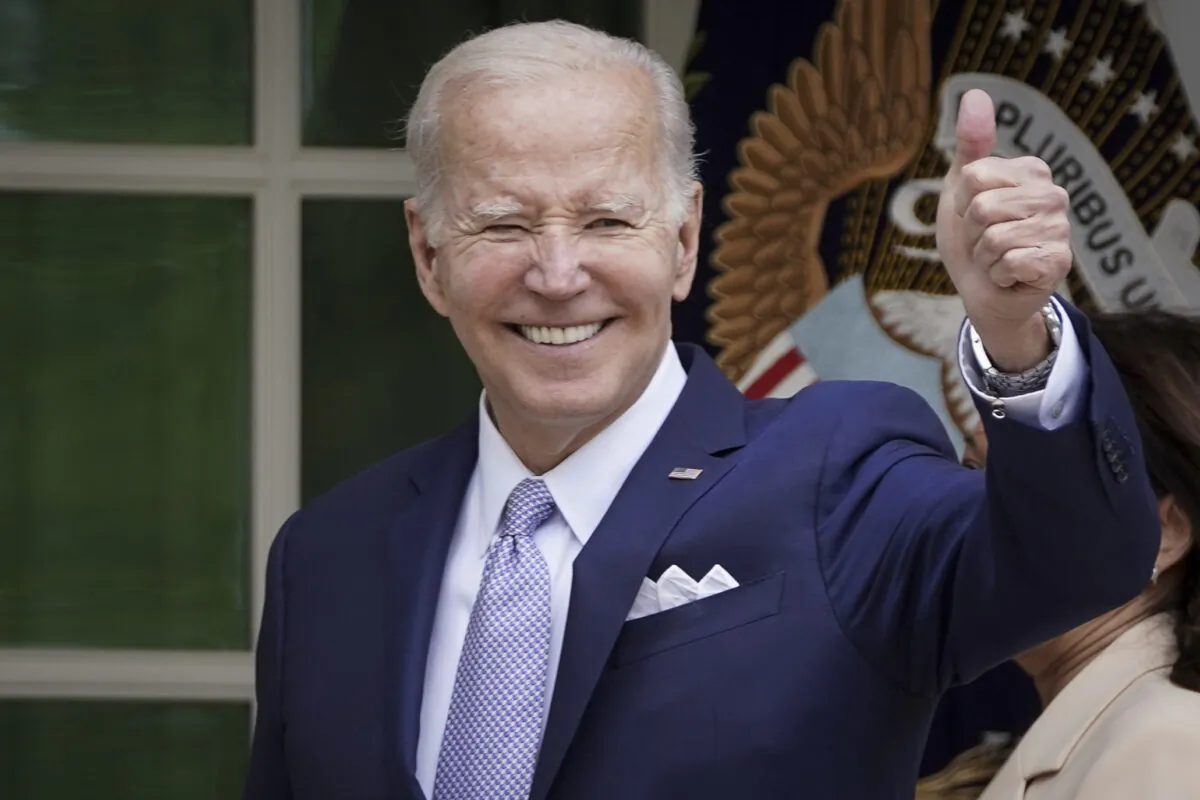 President Joe Biden speaks about "building on the small business boom" during National Small Business Week in the Rose Garden at the White House in Washington on May 1, 2023. (Madalina Vasiliu/The Epoch Times)