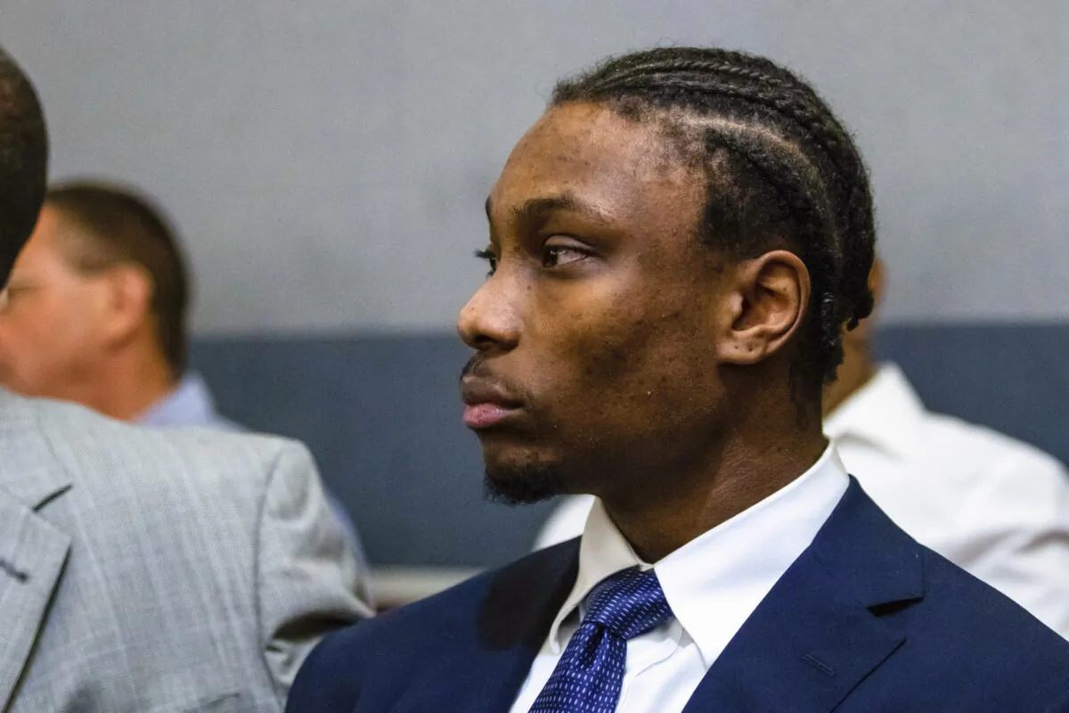 Former Las Vegas Raiders player Henry Ruggs sits in court in Las Vegas on May 2, 2023. (Ty O'Neil/AP Photo)