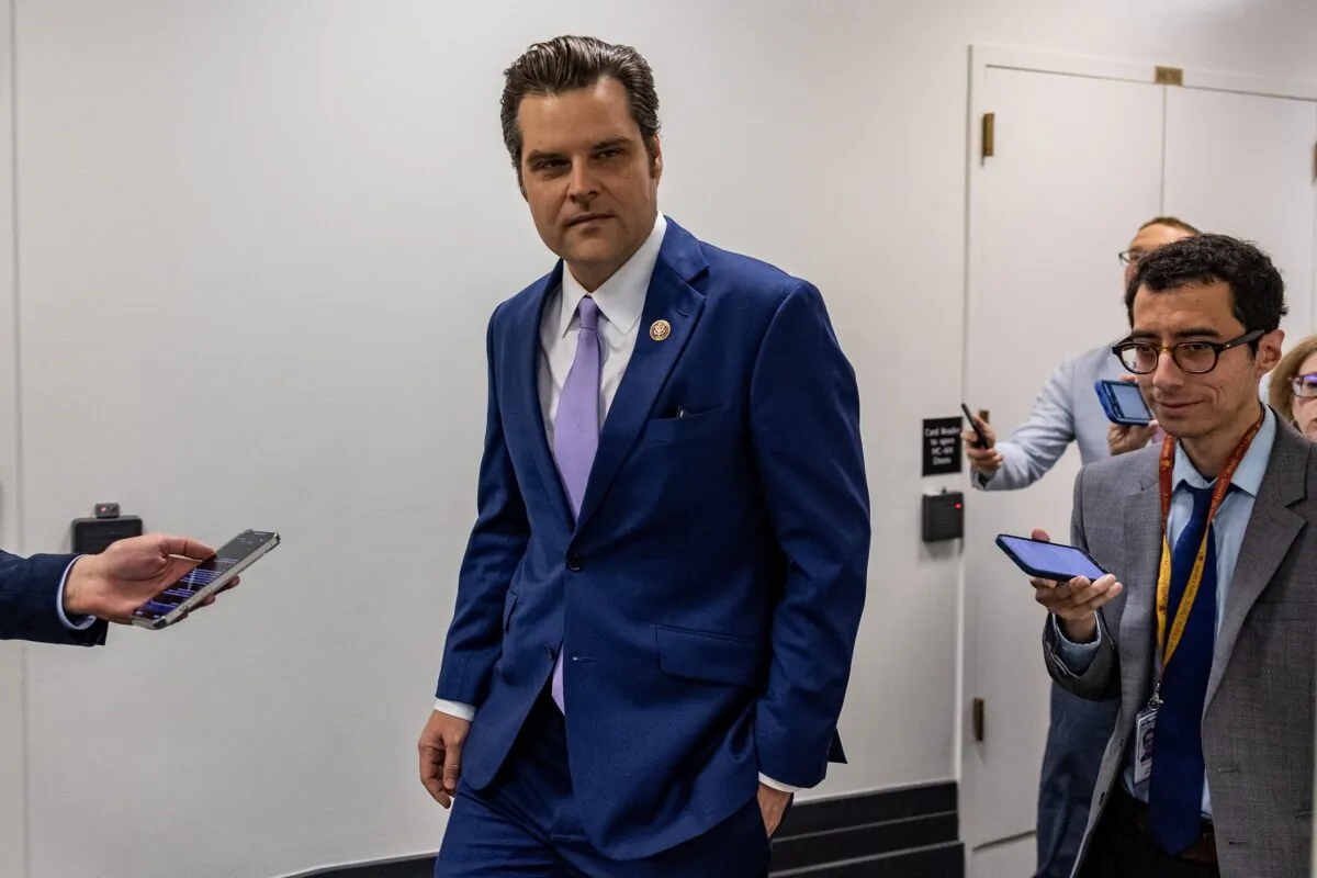 Rep. Matt Gaetz (R-Fla.) is followed by members of the media as he walks in the U.S. Capitol in Washington on April 26, 2023. (Tasos Katopodis/Getty Images)