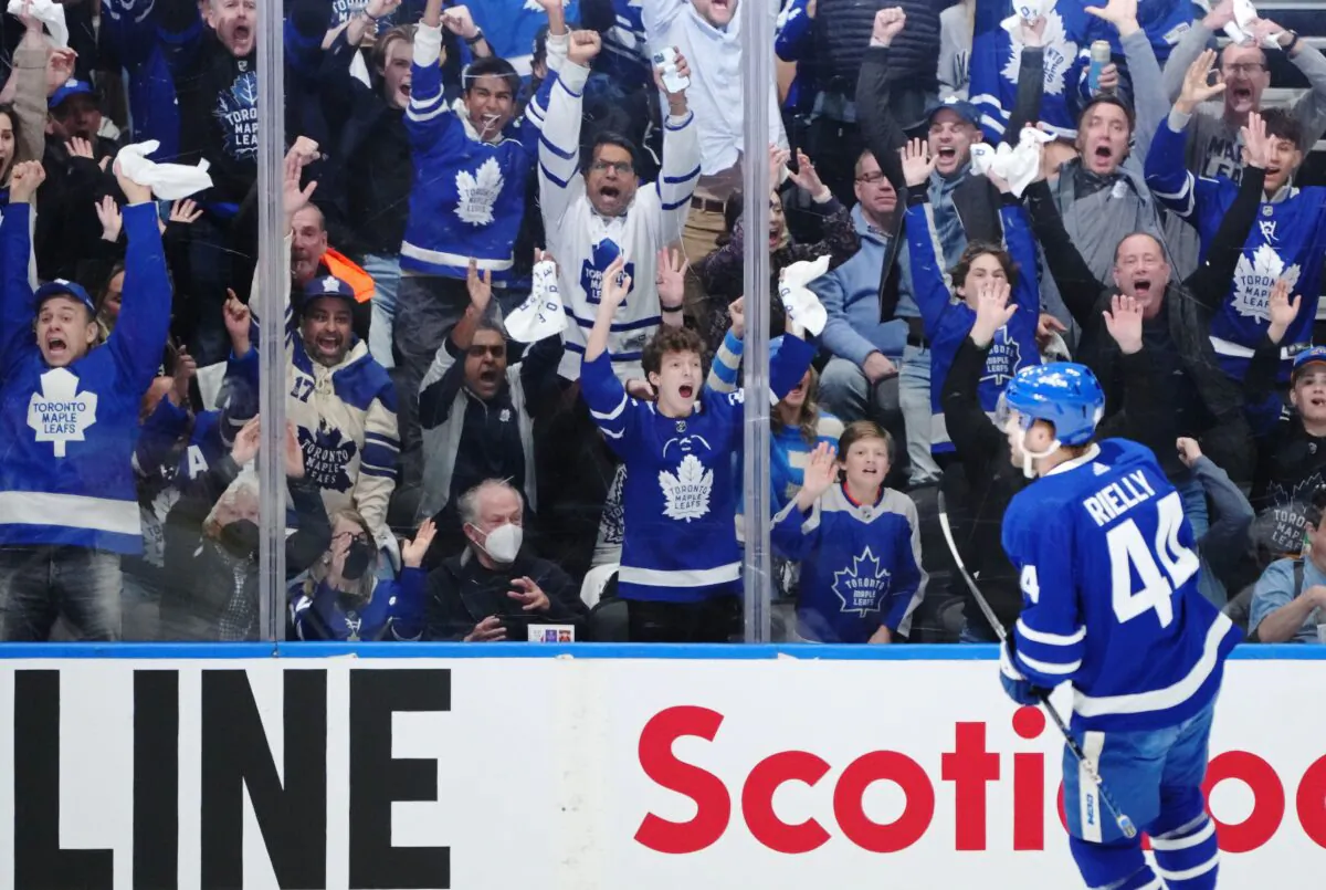 Toronto Maple Leafs fans react as Maple Leafs defenceman Morgan Rielly celebrates his goal against the Tampa Bay Lightning during first period NHL Stanley Cup playoff hockey action in Toronto on April 27, 2023. (The Canadian Press/Nathan Denette)