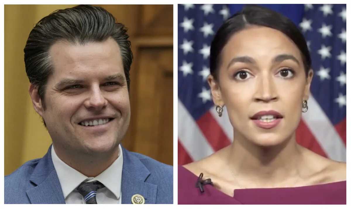 L: Rep. Matt Gaetz (R-Fla.) on Capitol Hill in Washington, on Feb. 1, 2023. (Drew Angerer/Getty Images) R: Rep. Alexandria Ocasio-Cortez (D-NY) addresses the 2020 Democratic National Convention on Aug. 18, 2020. (Handout/DNCC via Getty Images)