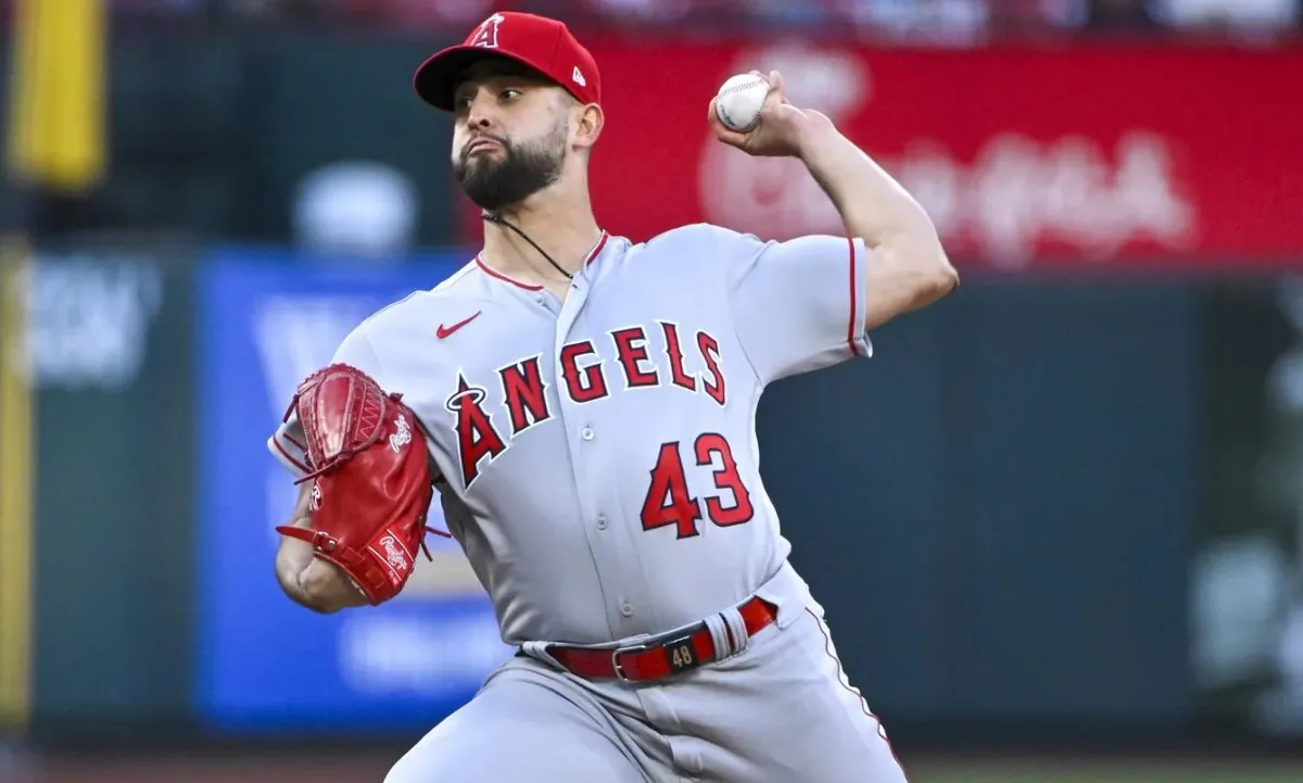 Los Angeles Angels starting pitcher Patrick Sandoval (43) pitches against the St. Louis Cardinals during the first inning at Busch Stadium in St. Louis, Miss., on May 2, 2023. (Jeff Curry-USA TODAY Sports via Field Level Media)