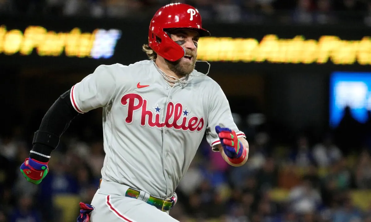 Philadelphia Phillies' Bryce Harper heads to first as he grounds out during the fourth inning of a baseball game against the Los Angeles Dodgers, in Los Angeles on May 2, 2023. (Mark J. Terrill/AP Photo)