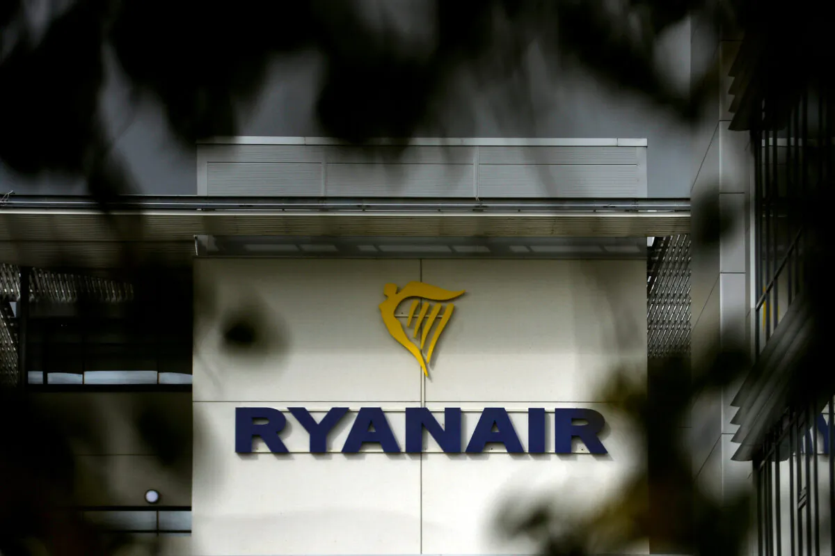 The Ryanair logo at their headquarters in Dublin on Sept. 16, 2021. (Clodagh Kilcoyne/Reuters)
