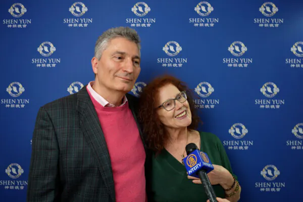 Seraphina Husset, a writer, and Olivier Bianchi, president of a security equipment company, attended Shen Yun at the Palais des Congrès in Paris on April 27, 2023. (NTD)