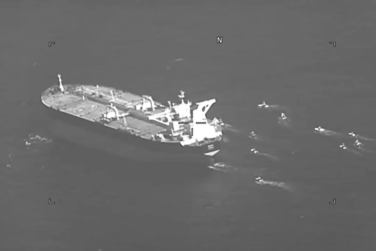The Panama-flagged oil tanker Niovi is surrounded by Iranian Revolutionary Guard vessels in the Strait of Hormuz on May 3, 2023. (U.S. Navy via AP)