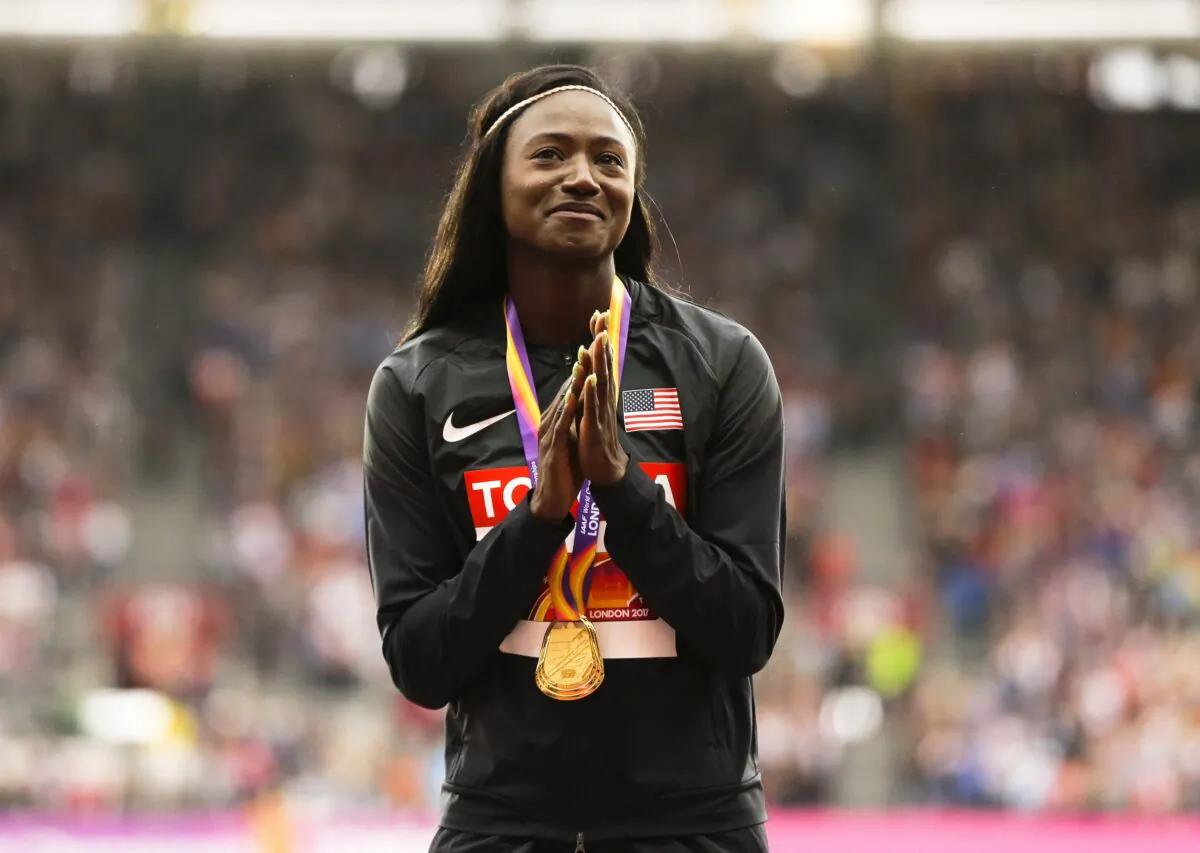 United States' Tori Bowie gestures after receiving the gold medal she won in the women's 100m final during the World Athletics Championships in London on Aug. 7, 2017. (Alastair Grant/AP Photo)