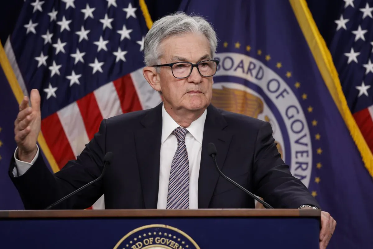 Federal Reserve Board Chairman Jerome Powell delivers remarks at a news conference following a Federal Open Market Committee meeting in Washington on May 3, 2023. (Anna Moneymaker/Getty Images)