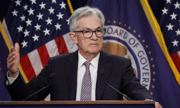 Federal Reserve Board Chairman Jerome Powell delivers remarks at a news conference following a Federal Open Market Committee meeting in Washington on May 3, 2023. (Anna Moneymaker/Getty Images)