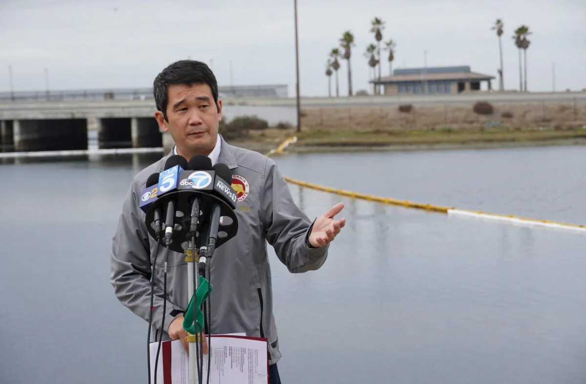 California state Sen. Dave Min speaks to reporters in Huntington Beach, Calif., on Oct. 6, 2021. (Eugene Garcia/AP Photo)