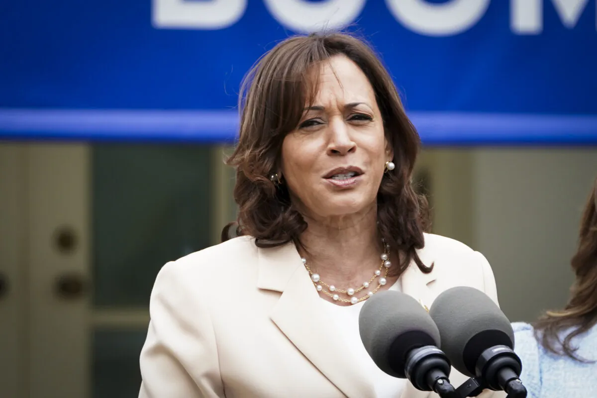 U.S. Vice President Kamala Harris speaks during National Small Business Week in the Rose Garden at the White House in Washington on May 1, 2023. (Madalina Vasiliu/The Epoch Times)