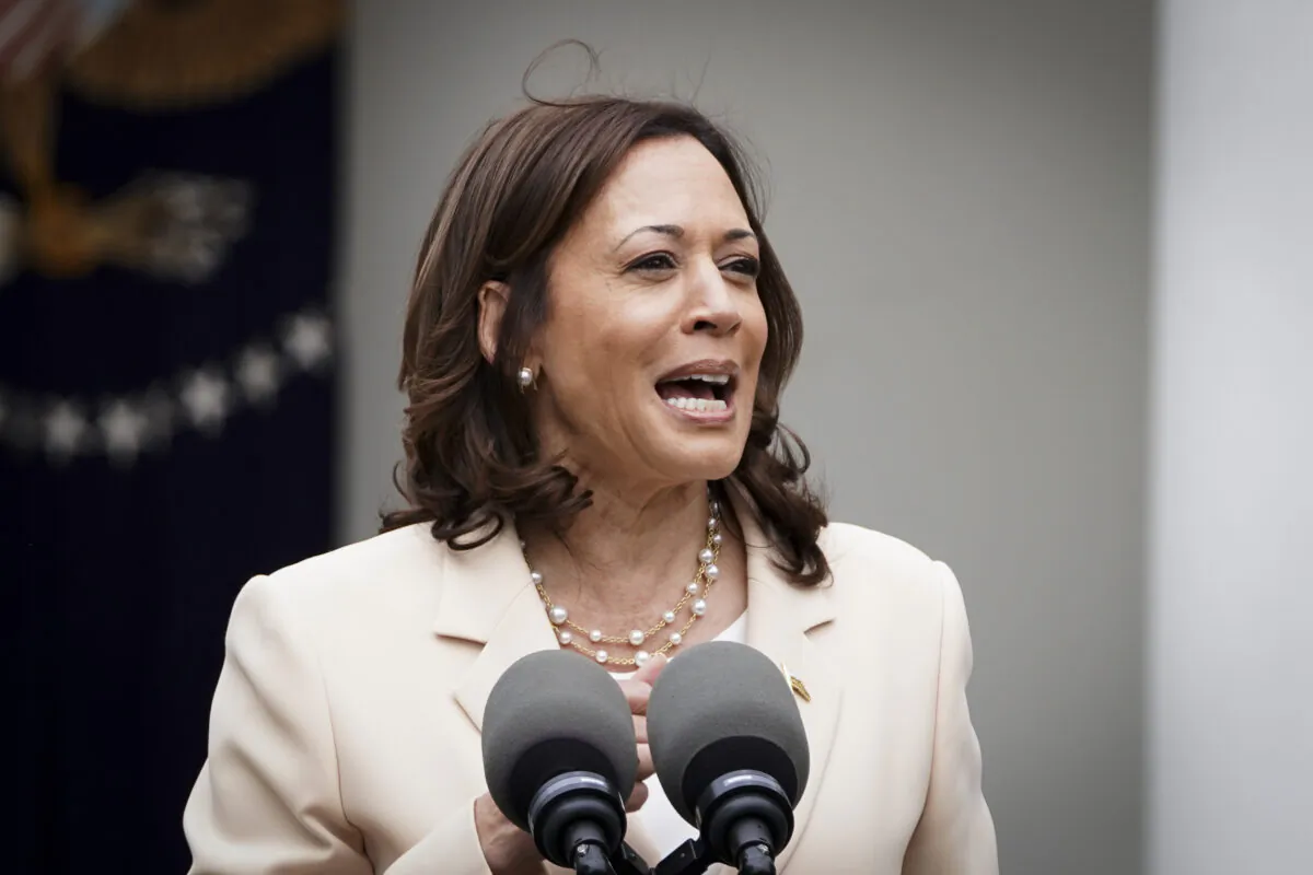 U.S. Vice President Kamala Harris speaks during National Small Business Week in the Rose Garden at the White House in Washington on May 1, 2023. (Madalina Vasiliu/The Epoch Times)