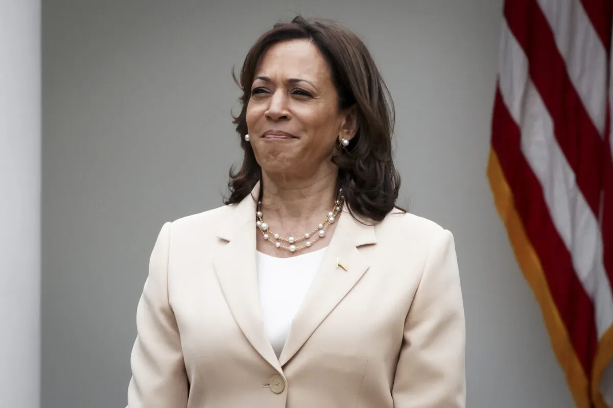 U.S. Vice President Kamala Harris speaks during National Small Business Week in the Rose Garden at the White House in Washington on May 1, 2023. (Madalina Vasiliu/The Epoch Times)