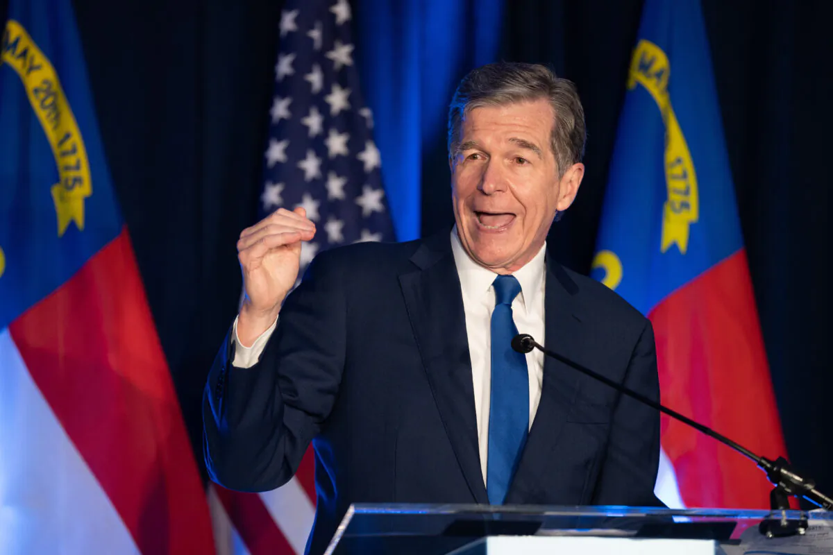 North Carolina Gov. Roy Cooper speaks to the crowd during an election night event for Democratic Senate candidate Cheri Beasley in Raleigh, N.C., on May 17, 2022. (Sean Rayford/Getty Images)