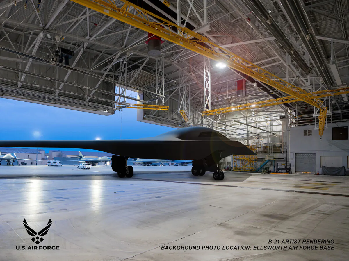 Artist's rendering of a B-21 Raider in a hanger at Ellsworth Air Force Base, South Dakota. (U.S. Air Force graphic)