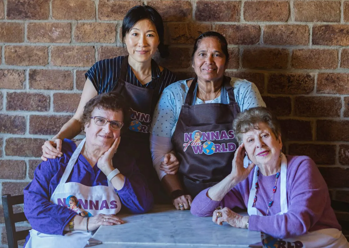 (L to R) Maria Gialanella (“Nonna Maria”), Yumi Komatsudaira (“Nonna Yumi”), May Joseph (“Nonna Dolly”), and Ploumitsa Zimnis (“Nonna Ploumitsa”) at Enoteca Maria in Staten Island, N.Y. (Adhiraj Chakrabarti) 