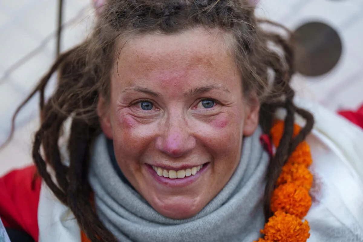 Norwegian climber Kristin Harila, 37, smiles after arriving in Kathmandu, Nepal, on May 4, 2023. (Niranjan Shrestha/AP Photo)