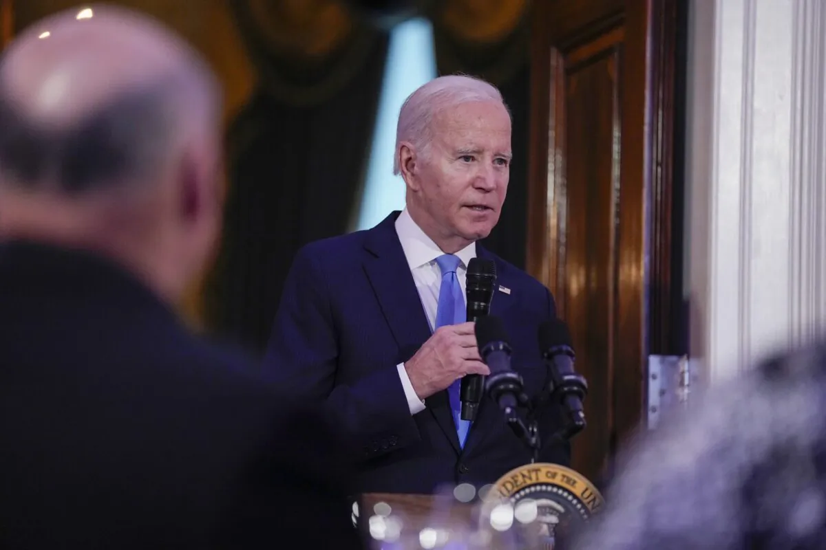 President Joe Biden speaks before a dinner for Combatant Commanders in the Cross Hall of the White House on May 3, 2023. (Susan Walsh/AP Photo)