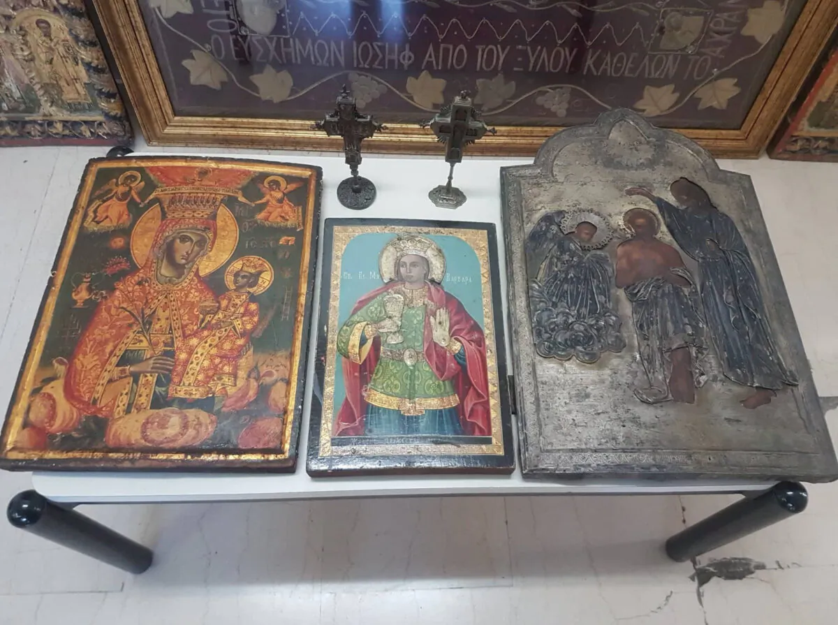 Several religious icons that were among the stolen artefacts that were recovered during a crackdown on international art trafficking, at an unknown location in Greece in an undated handout picture obtained on May 4, 2023. (Courtesy of Europol/Handout via Reuters)