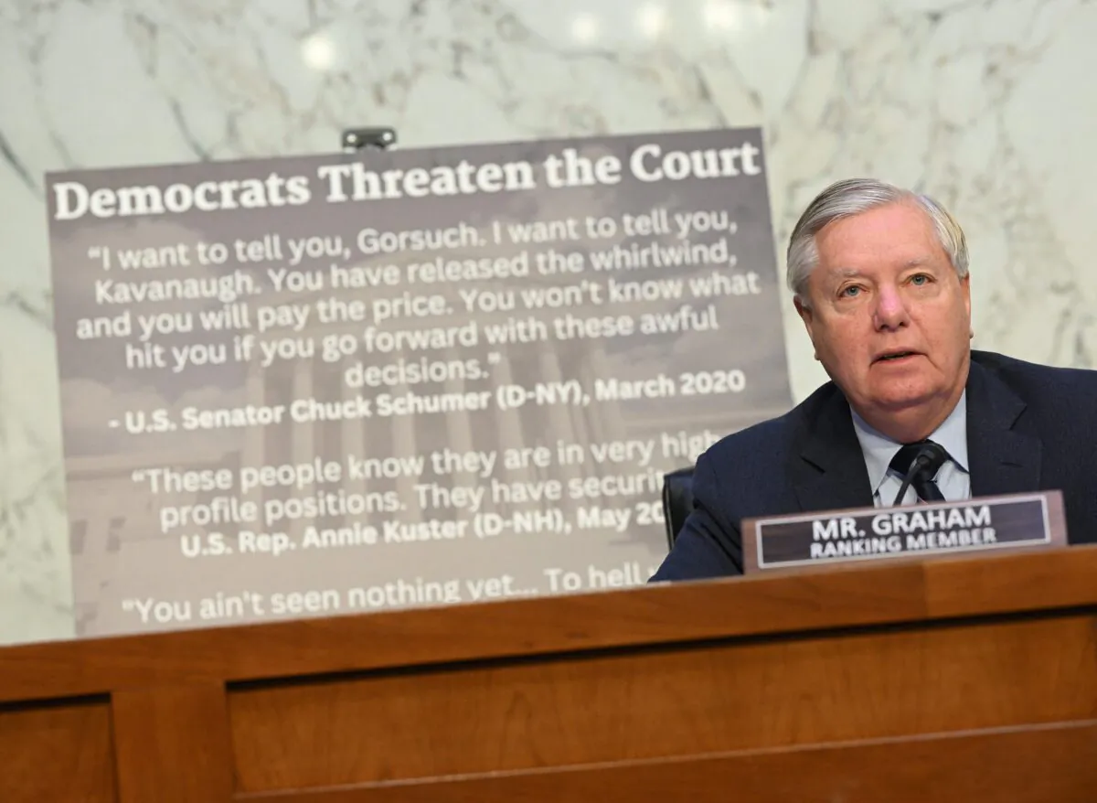 Sen. Lindsey Graham (R-S.C.) speaks during a Senate Judiciary Committee hearing regarding Supreme Court ethics reform, on Capitol Hill in Washington, D.C., on May 2, 2023. (Mandel Ngan/AFP via Getty Images)