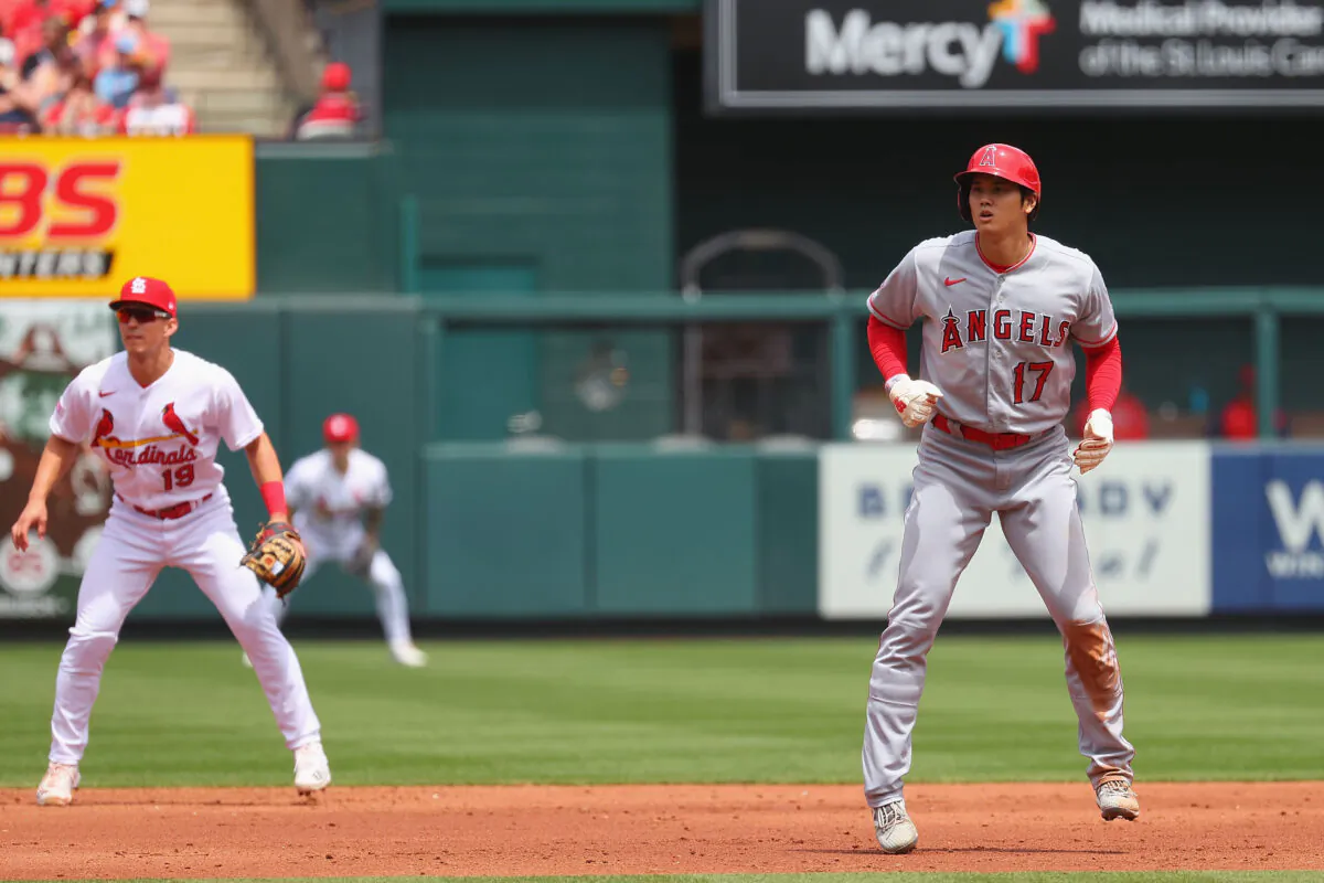 Shohei Ohtani (17) of the Los Angeles Angels leads off second base against the St. Louis Cardinals in the third inning at Busch Stadium in St. Louis on May 4, 2023. (Dilip Vishwanat/Getty Images)