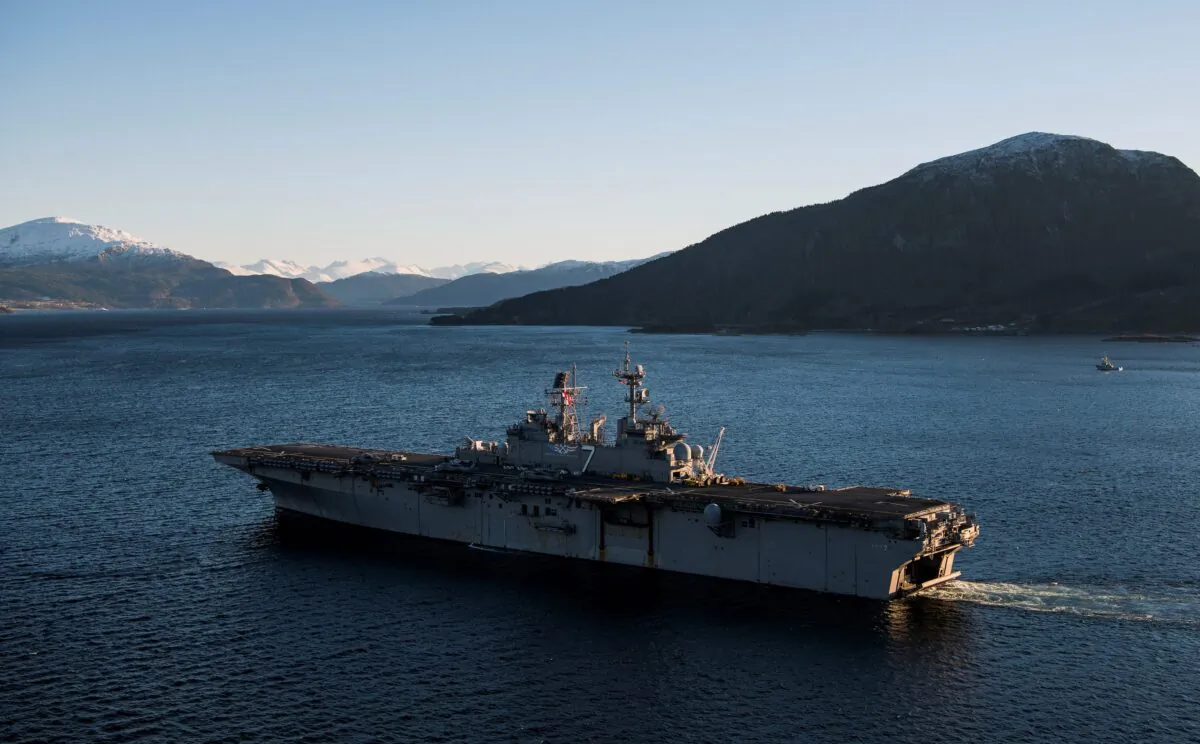 The USS Iwo Jima, a Wasp-class amphibious assault ship of the United States Navy, takes part in the NATO exercise Trident Juncture 2018 near Trondheim, Norway, on Oct. 29, 2018. (Jonathan Nackstrand/AFP via Getty Images)
