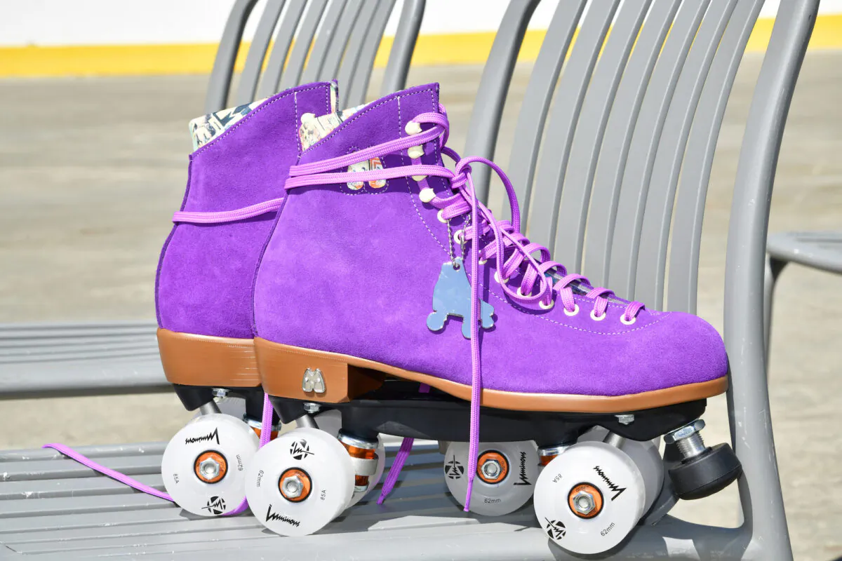 A file photo of a pair of roller skates on display in New York City on May 10, 2022. (Eugene Gologursky/Getty Images for The DiscOasis)