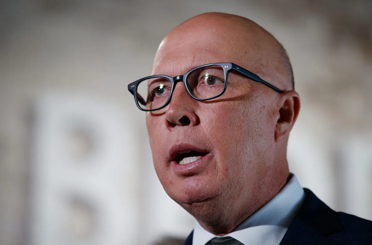 Leader of the Opposition Peter Dutton during a visit to A.H.Beard bedding manufacturer in Padstow, Sydney, Australia on May 2, 2023. (AAP Image/Nikki Short)