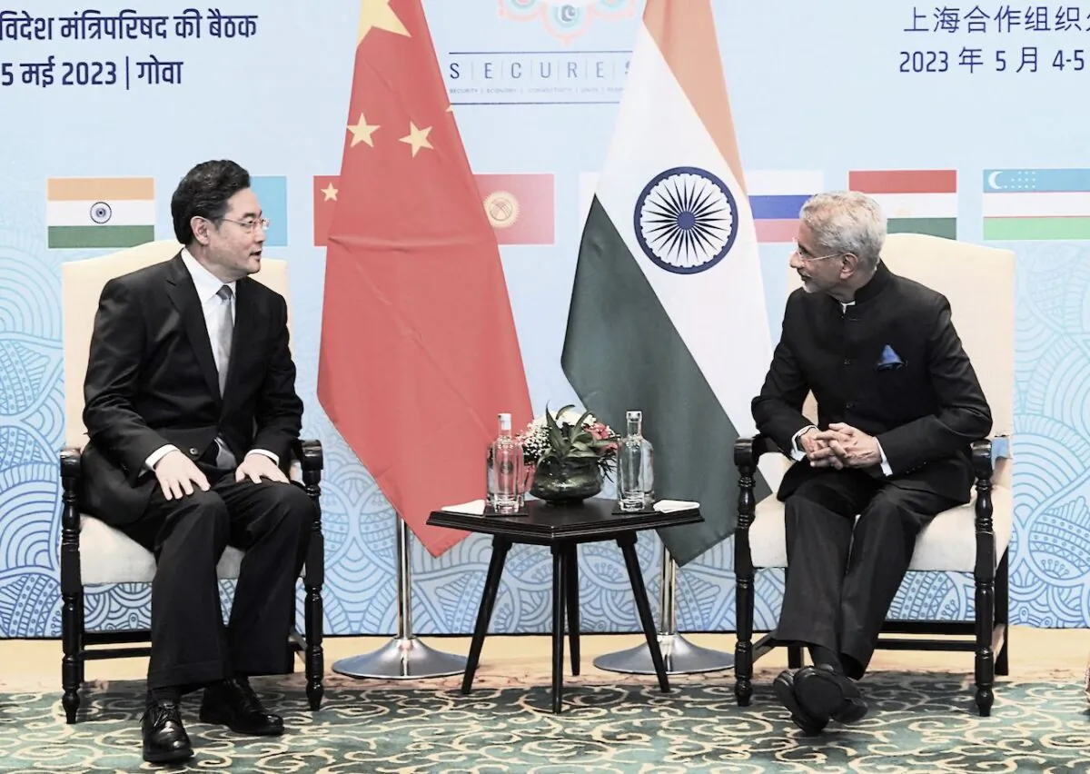 India's Foreign Minister Subrahmanyam Jaishankar (R) speaking with his Chinese counterpart Qin Gang on the sidelines of the Shanghai Cooperation Organization Council of Foreign Ministers' meeting in Benaulim, on May 4, 2023. (Indian Ministry of External Affairs/AFP via Getty Images)