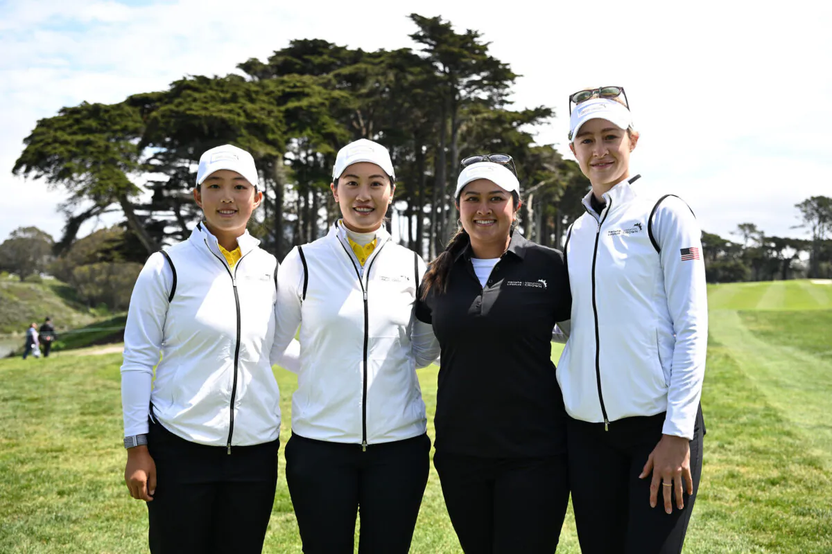 Ruoning Yin, (L–R) Xiyu Lin of Team People's Republic of China, Lilia Vu and Nelly Korda of Team United States pose for a picture during day one of the Hanwha LIFEPLUS International Crown at TPC Harding Park in San Francisco on May 4, 2023. (Orlando Ramirez/Getty Images)