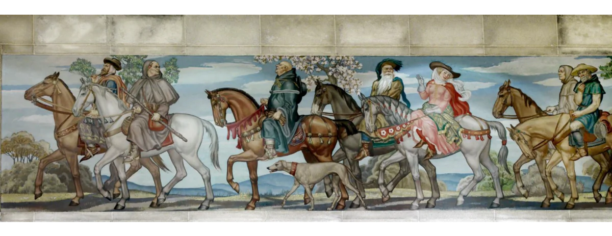 Characters from The Canterbury Tales: (L–R) The Merchant; the Friar; the Monk; the Franklin; the Wife of Bath; the Parson and his brother the Ploughman, riding side by side." North Reading Room, east wall. Detail of mural by Ezra Winter illustrating the characters in the Canterbury Tales by Geoffrey Chaucer. Library of Congress John Adams Building, Washington, D.C. (Public Domain)