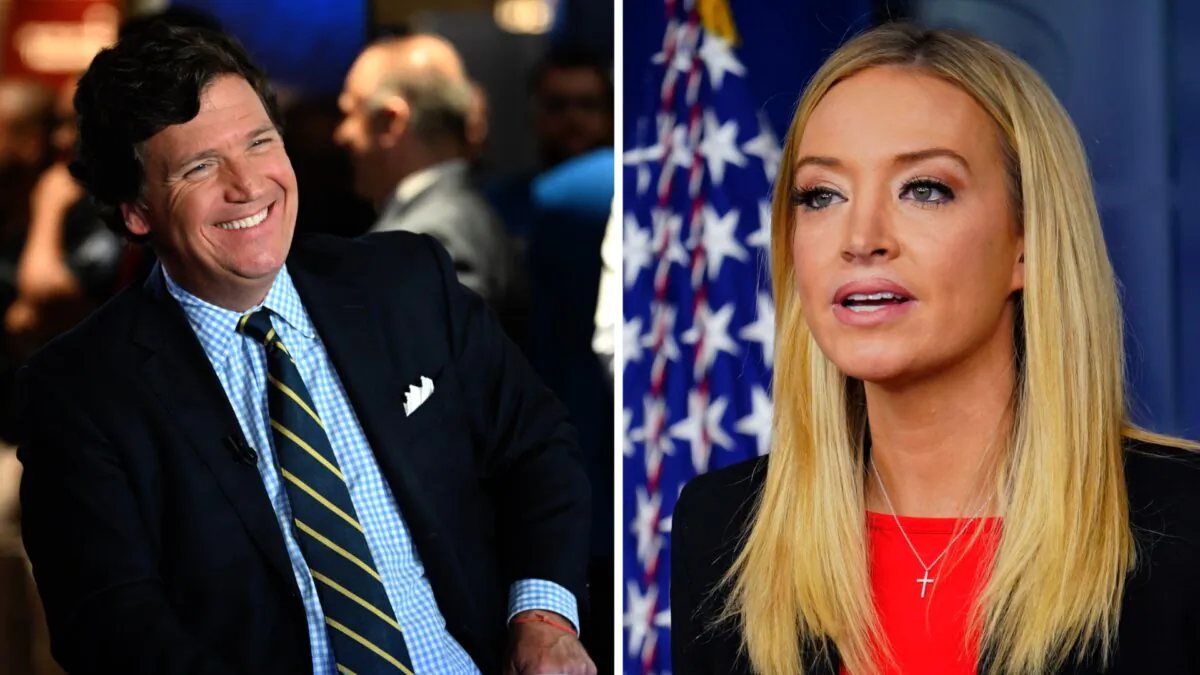 Tucker Carlson (L) at the Seminole Hard Rock Hotel & Casino Hollywood in Hollywood, Fla,. on Nov. 17, 2022. (Jason Koerner/Getty Images); White House press secretary Kayleigh McEnany (R) speaks during a briefing at the White House in Washington on Jan. 7, 2021. (Mandel Ngan/AFP via Getty Images)