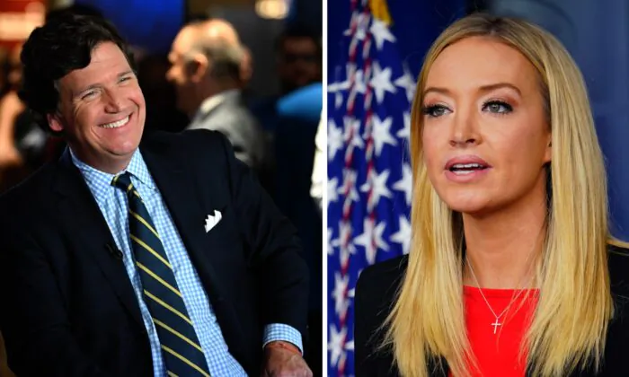 Tucker Carlson (L) at the Seminole Hard Rock Hotel & Casino Hollywood in Hollywood, Fla,. on Nov. 17, 2022. (Jason Koerner/Getty Images); White House press secretary Kayleigh McEnany (R) speaks during a briefing at the White House in Washington on Jan. 7, 2021. (Mandel Ngan/AFP via Getty Images)