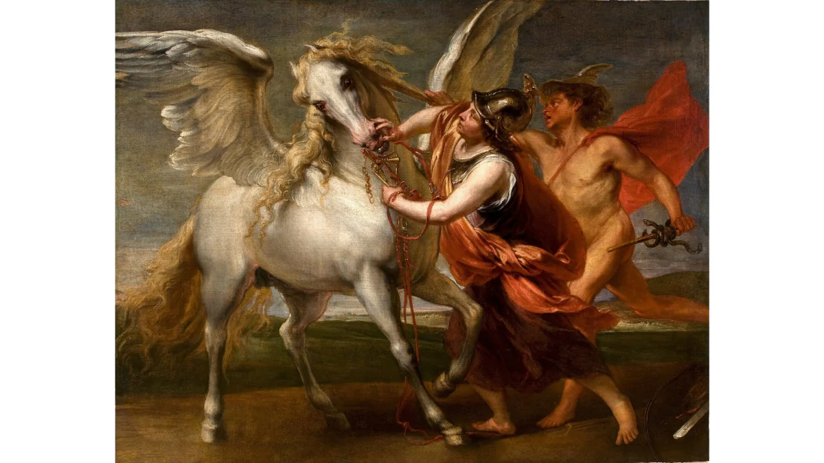 In Nathaniel Hawthorne's short story, Bellerophon tames the immortal Pegasus with faith and perseverance. “Pegasus,” 1675–1680, by Jan Boeckhorst. National Museum of Fine Arts, São Paulo, Brazil. (Public Domain)