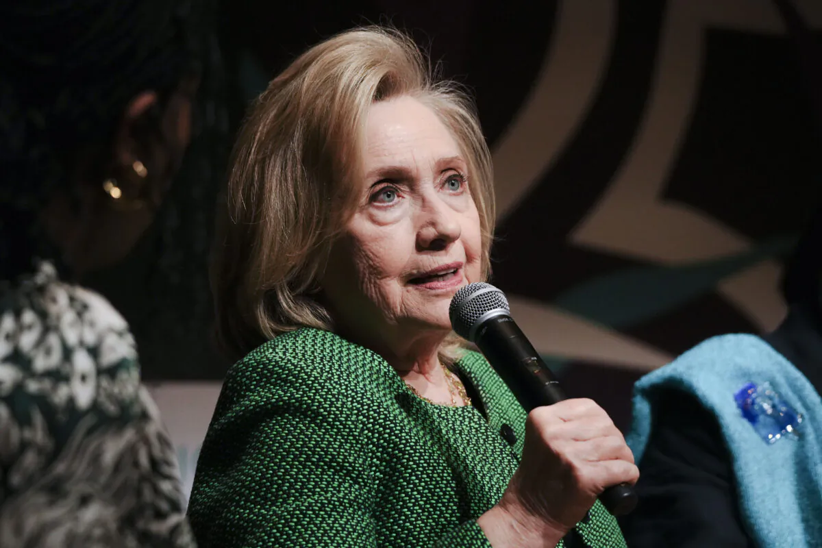 Former U.S. Secretary of State Hillary Clinton speaks during a panel at the Vital Voices Global Festival in Washington on May 5, 2023. (Madalina Vasiliu/The Epoch Times)