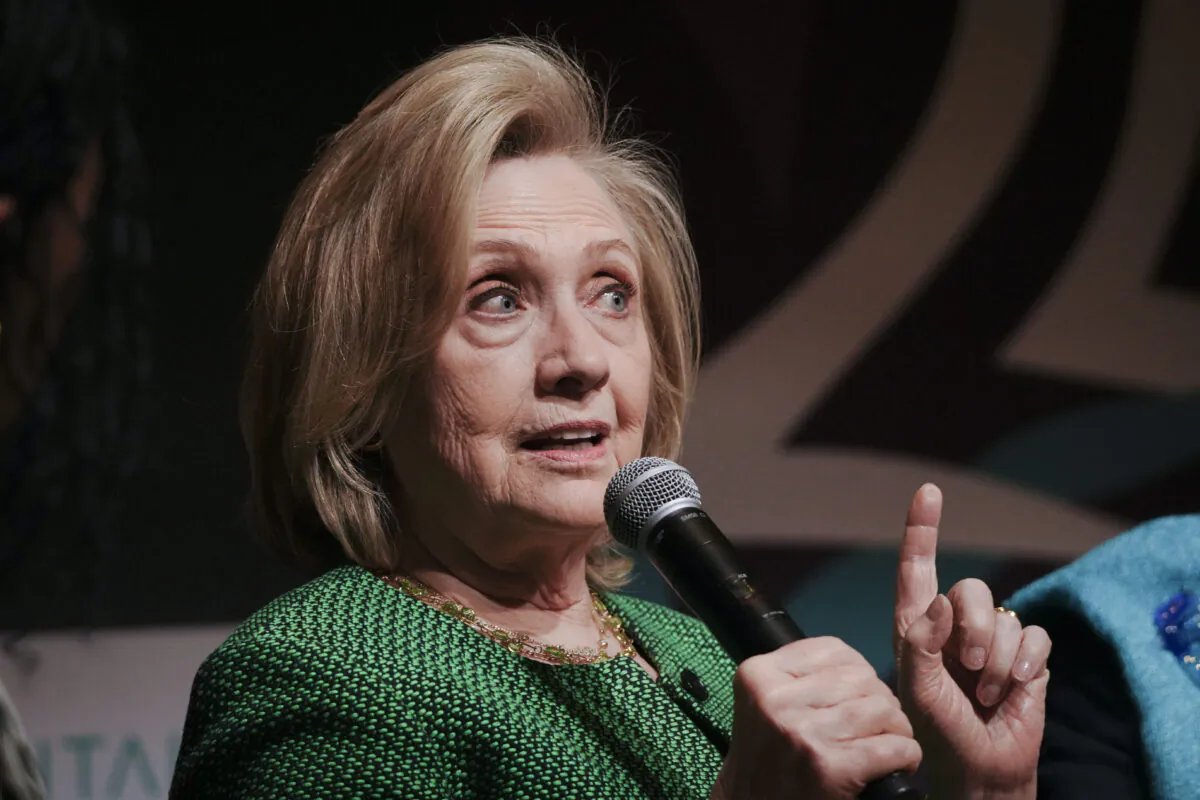 Former U.S. Secretary of State Hillary Clinton speaks during a panel at the Vital Voices Global Festival in Washington on May 5, 2023. (Madalina Vasiliu/The Epoch Times)