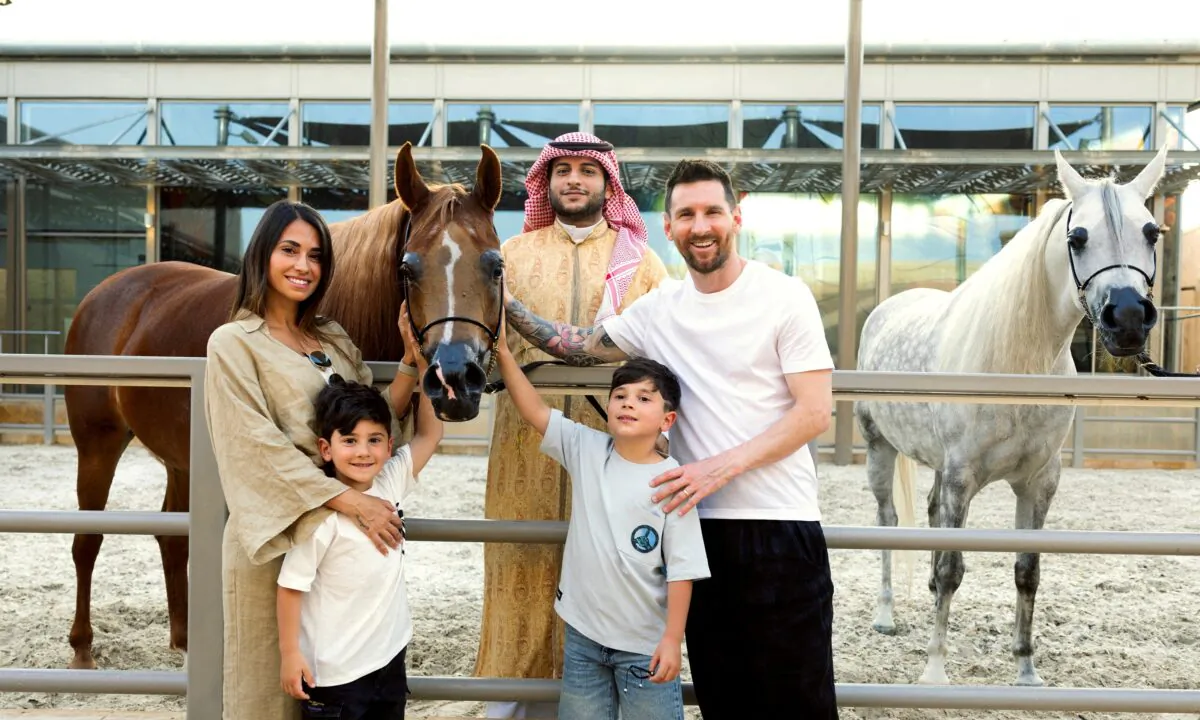 Paris St Germain's Lionel Messi with his wife Antonela Roccuzzo and their sons during a visit Riyadh in Saudi Arabia on May 1, 2023. (Saudi Arabia Saudi Ministry of Tourism/Handout via Reuters)