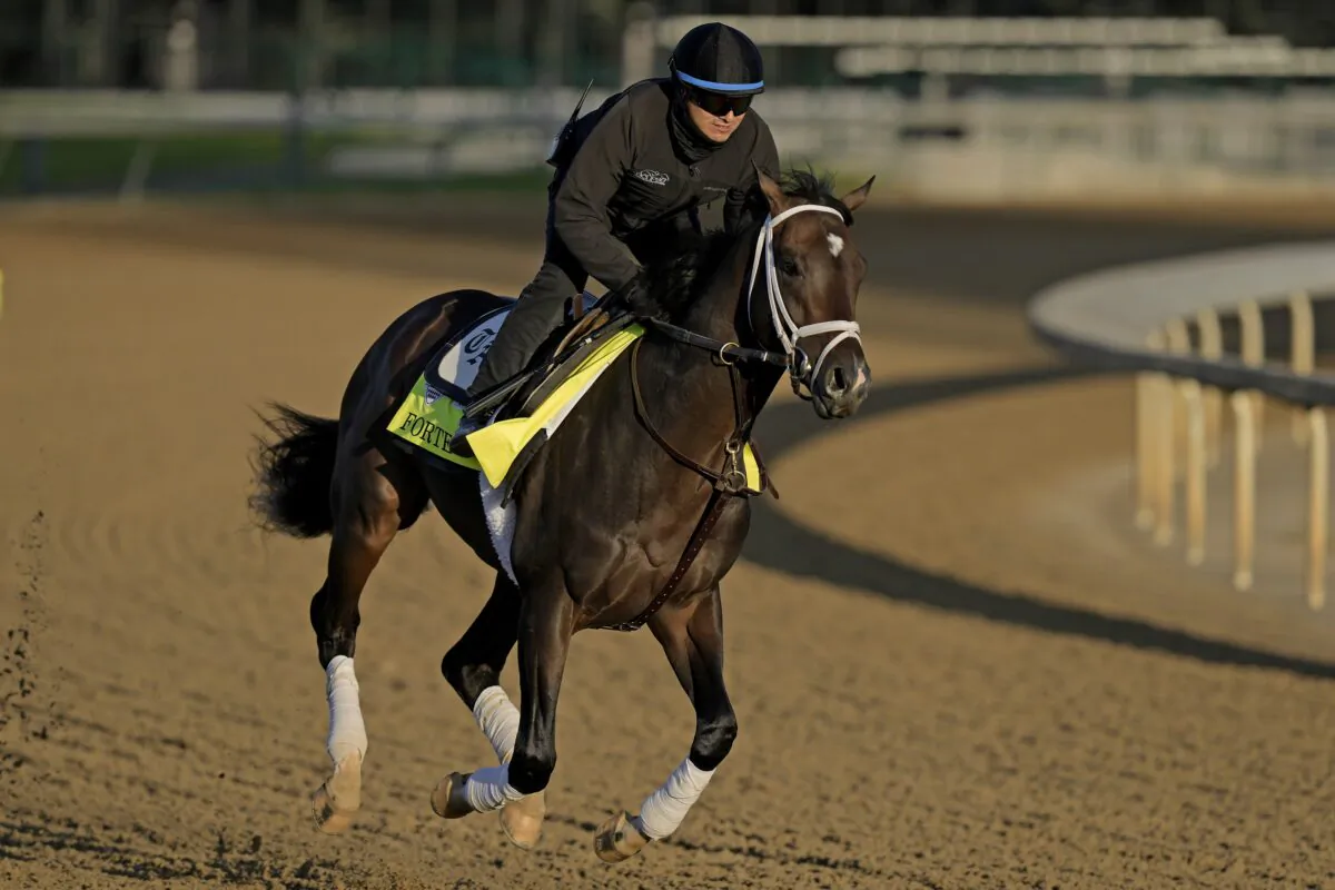 Kentucky Derby hopeful Forte works out at Churchill Downs in Louisville, Ky., on May 2, 2023. (Charlie Riedel/AP Photo)