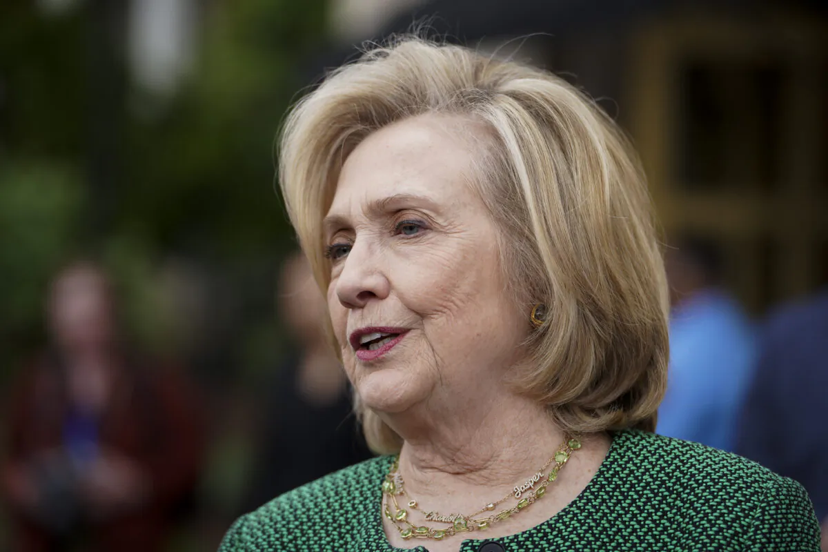 Former U.S. Secretary of State Hillary Clinton speaks during a panel at the Vital Voices Global Festival in Washington on May 5, 2023. (Madalina Vasiliu/The Epoch Times)