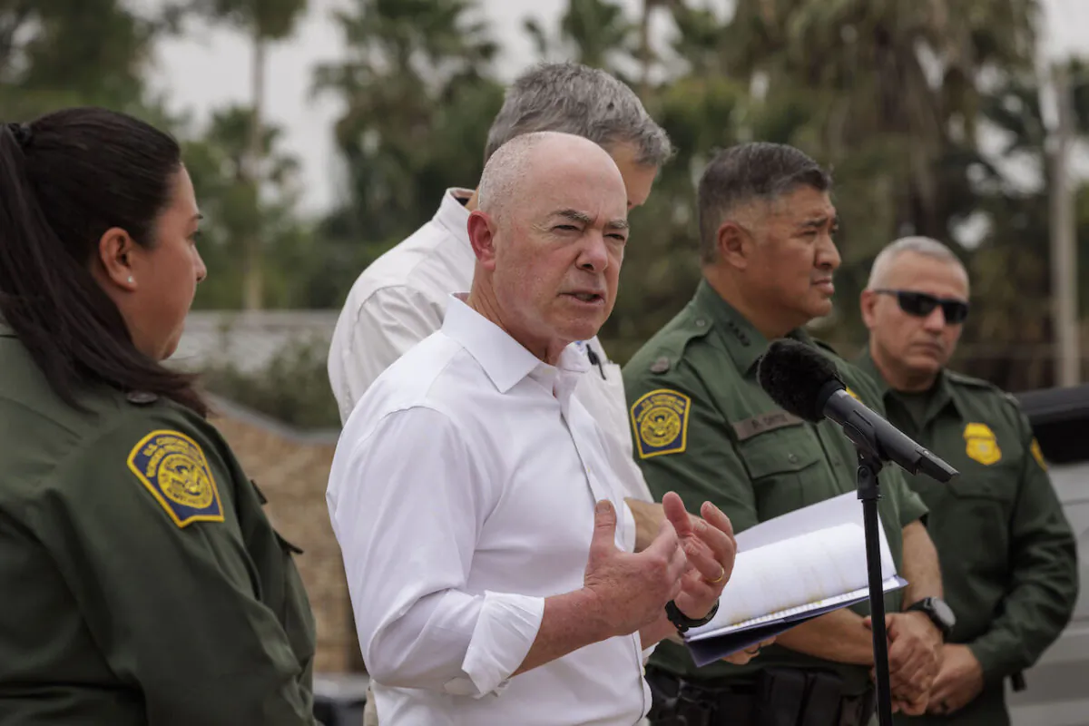 Department of Homeland Security Sec. Alejandro Mayorkas (2nd-L) speaks at a press conference in Brownsville, Texas, on May 5, 2023. (Michael Gonzalez/Getty Images)