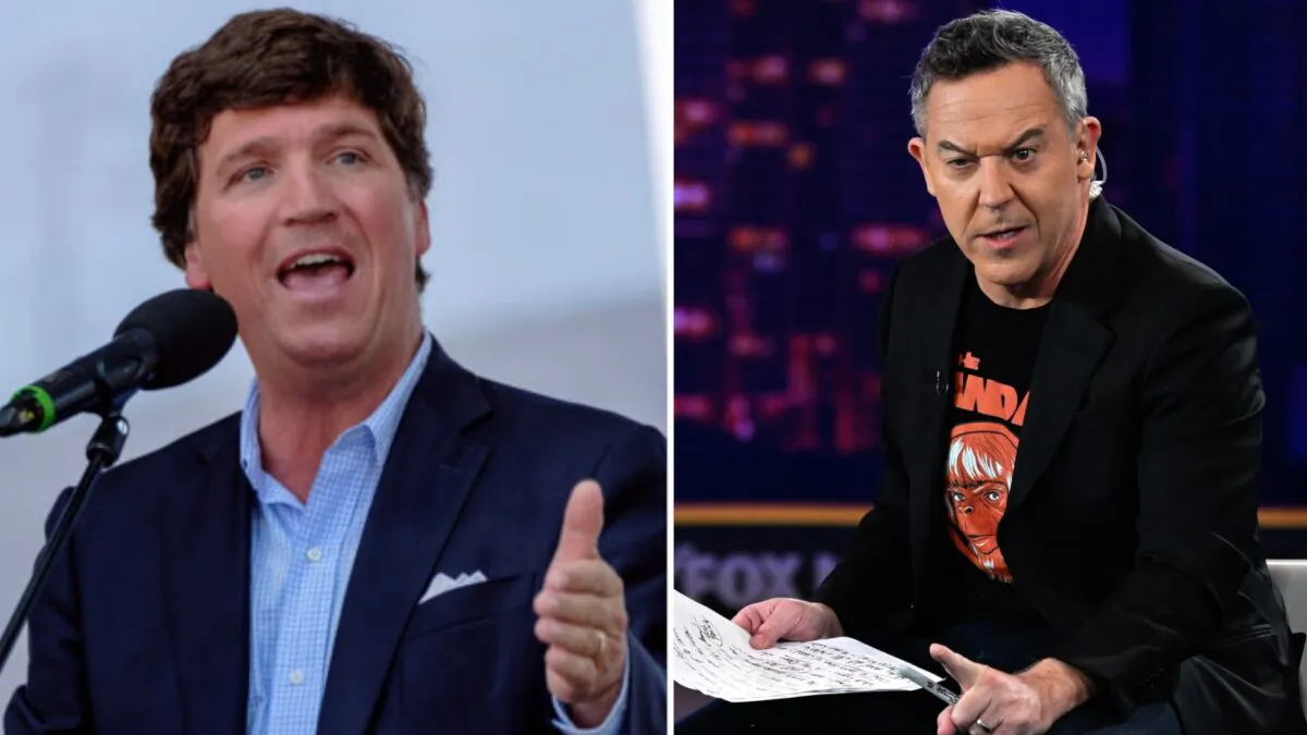 Tucker Carlson (L) in Esztergom, Hungary, on Aug. 7, 2021. (Janos Kummer/Getty Images); Greg Gutfeld (R) at Hard Rock Live at Seminole Hard Rock Hotel & Casino Hollywood in Fla., on Nov. 17, 2022. (Jason Koerner/Getty Images)