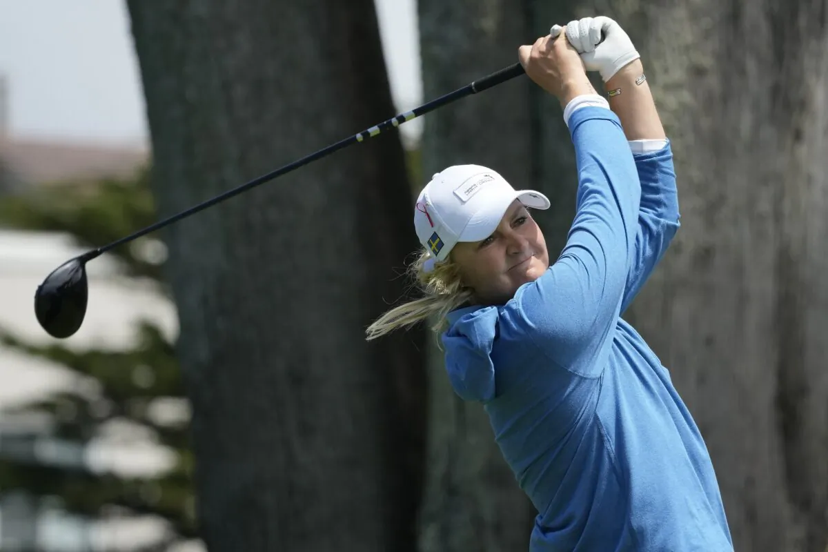 Sweden's Anna Nordqvist hits from the fourth tee at the International Crown match play golf tournament in San Francisco on May 4, 2023. (Jeff Chiu/AP Photo)