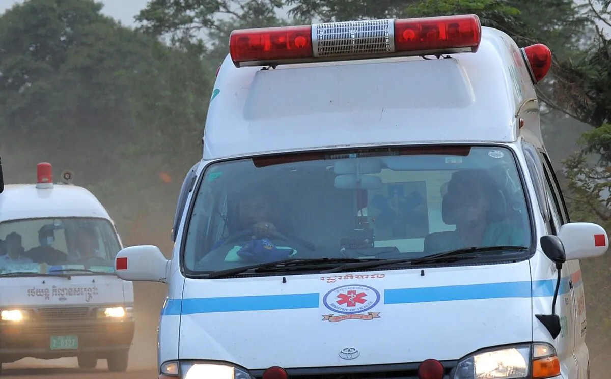 An ambulance drives past near by the Cambodia-Thailand border in a file photo. (Tang Chhin Sothy/AFP via Getty Images)