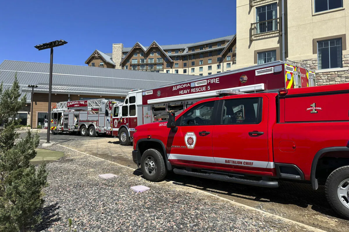 Firetrucks parked outside Gaylord Rockies resort in Aurora, Colo., on May 6, 2023. (Aurora Fire Rescue via AP)
