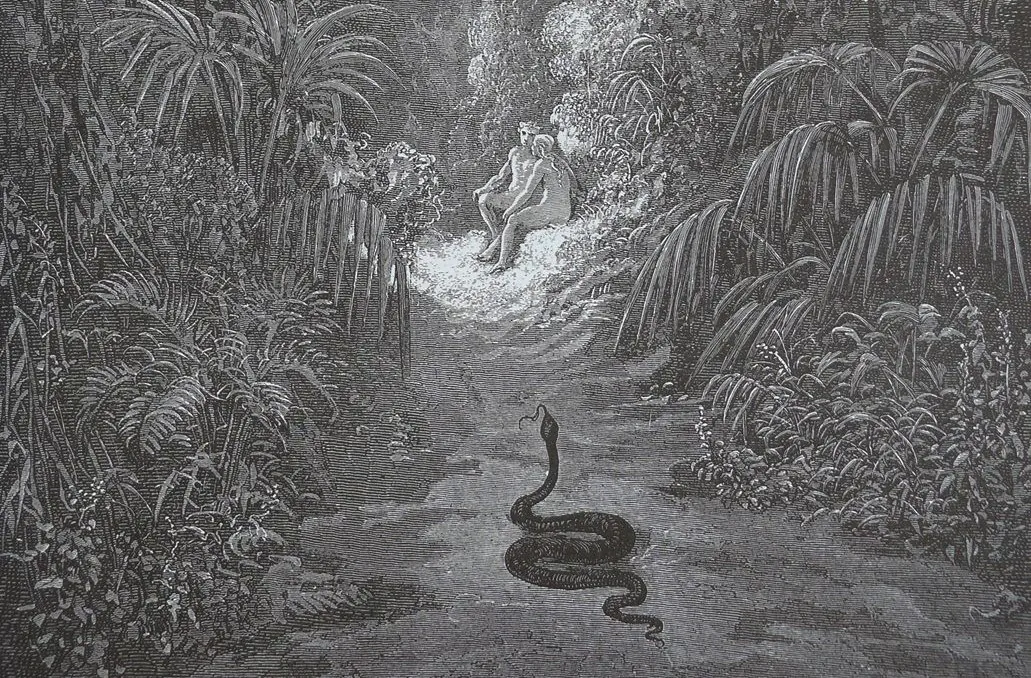 “Nearer he drew, and many a walk traversed / Of stateliest covert, cedar, pine, or palm” (Book IX. 434, 435), 1866, by Gustav Doré for John Milton’s “Paradise Lost.” Engraving. (Public Domain)