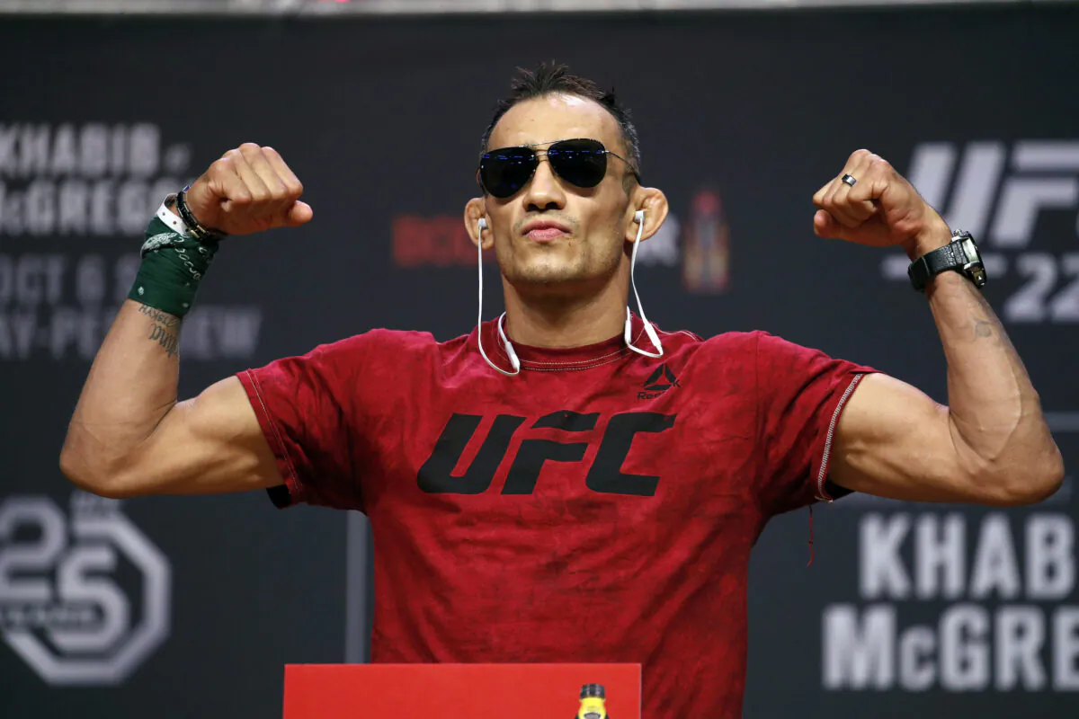 Tony Ferguson poses during a ceremonial weigh-in for the UFC 229 mixed martial arts fight in Las Vegas on Oct. 5, 2018. (John Locher/AP Photo)