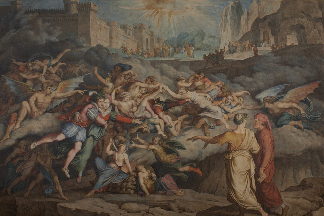 "Dante and Virgil in the Second Circle in Hell," 1823, by Joseph Anton Koch after Asmus Jacob Carstens. Pen, ink, and watercolor on paper. Thorvaldsens Museum, Copenhagen, Denmark. (Public Domain)