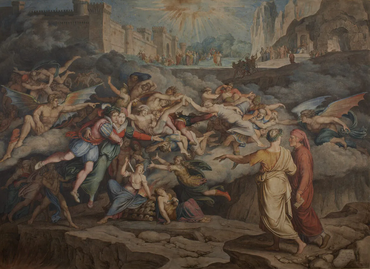 "Dante and Virgil in the Second Circle in Hell," 1823, by Joseph Anton Koch after Asmus Jacob Carstens. Pen, ink, and watercolor on paper. Thorvaldsens Museum, Copenhagen, Denmark. (Public Domain)