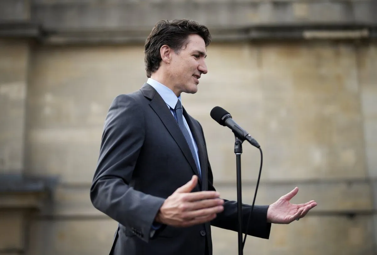 Canadian Prime Minister Justin Trudeau speaks with the media in London on May 7, 2023. (The Canadian Press/Nathan Denette)
